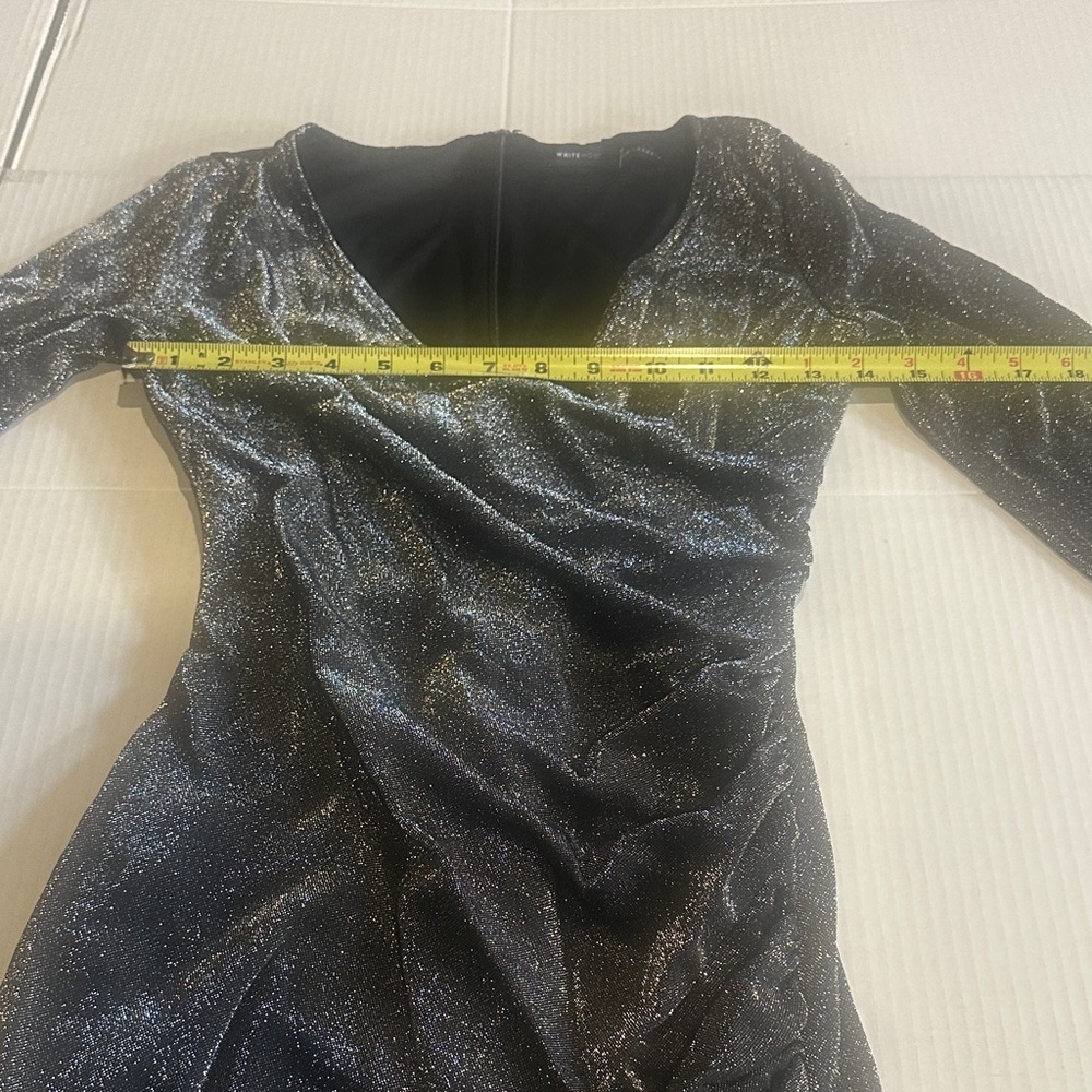 White House Black Market Elegant Black Glitter Dress with v neck and zipper back - Picture 3 of 8